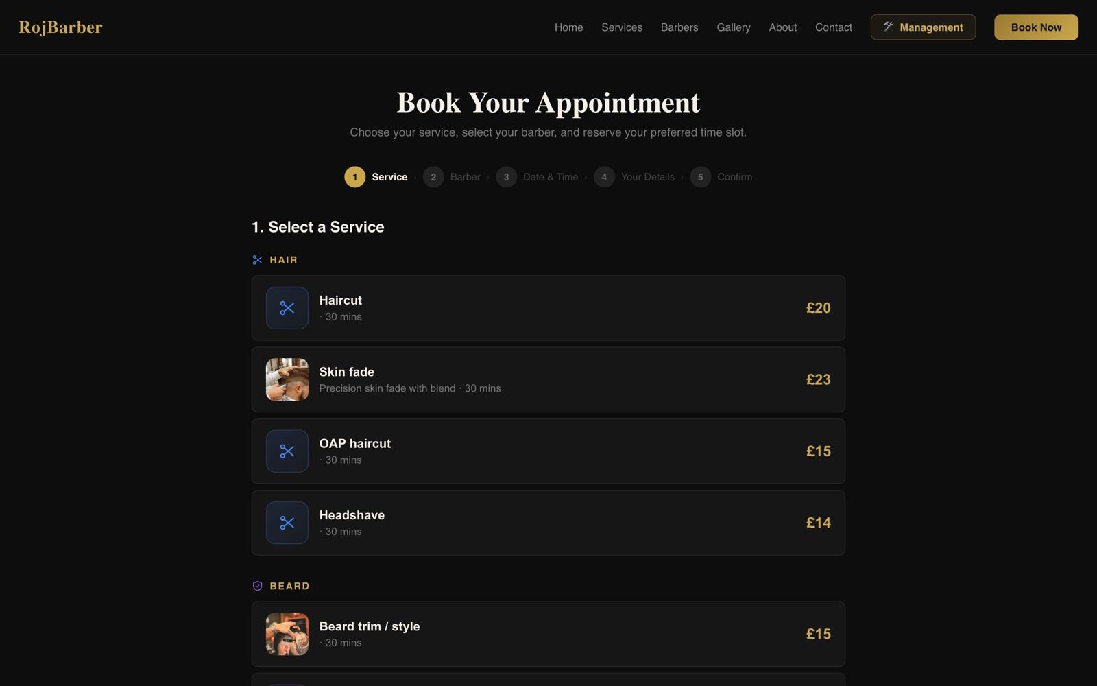 The booking steps a customer walks through